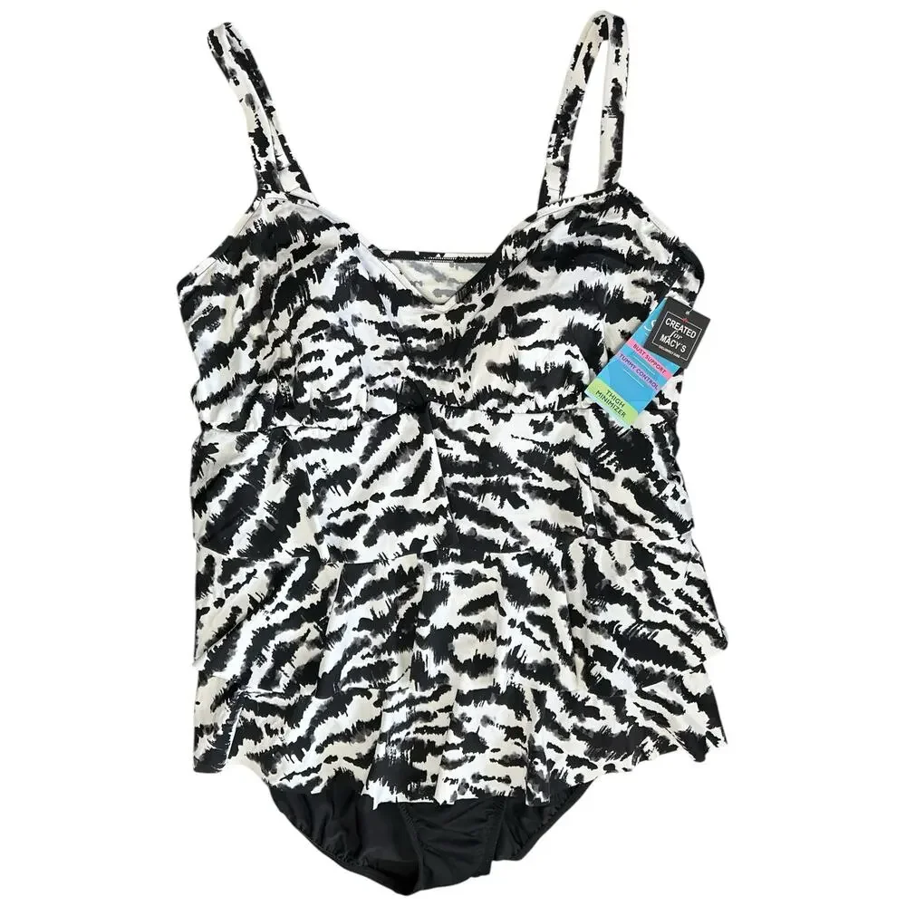 NWT Swim Solutions Tiered One Piece Swimsuit Black White Control Plus Size 20W - Picture 4 of 10